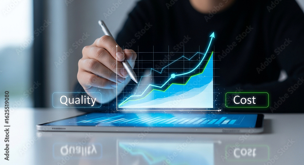 Poster analyzing quality and cost growth trends with digital tablet for business performance tracking and d