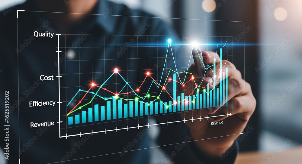 Poster analyzing business growth chart data analytics and financial performance revenue cost efficiency qua