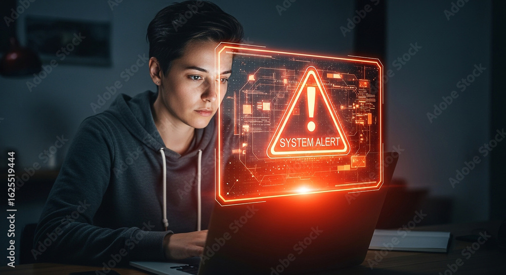 Poster system alert notification on laptop computer screen security threat cyber attack warning message dan