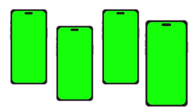 Four smartphones with green screens are aligned horizontally. Each phone sequentially zooms in, creating a rhythmic animation that highlights one device at a time on a clean white background