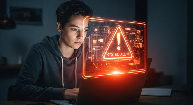 System alert notification on laptop computer screen security threat cyber attack warning message danger error code  99 chars