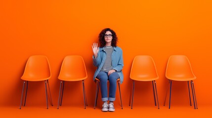 Woman waving while sitting among orange chairs against a bright orange backdrop