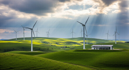 Wind turbines farm on green hills landscape for renewable energy and sustainable development concept
