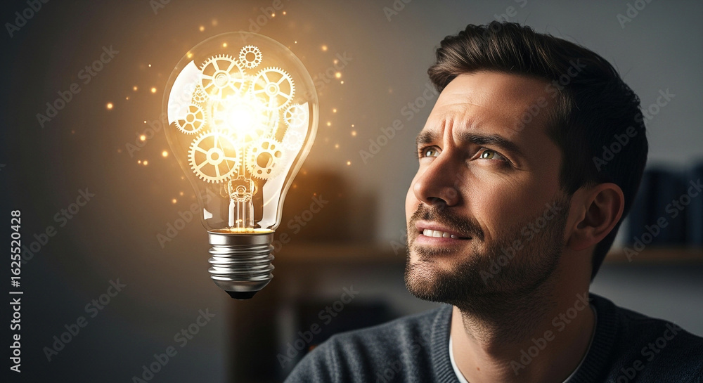 Aufkleber man looking at lightbulb with gears inside concept for innovative idea solution and creative thinkin