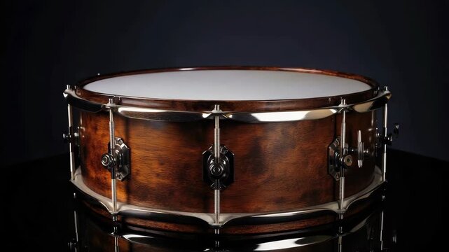 Wooden snare drum with metal hardware on dark background