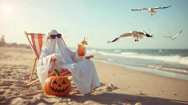 Halloween ghost in sunglasses relaxing on beach chair with pumpkin and drink, enjoying sunny day by the ocean with seagulls flying overhead
