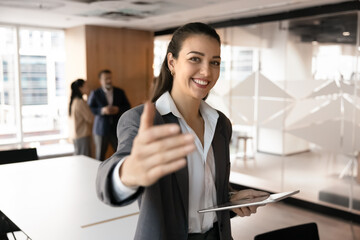 Join our project. Friendly smiling young businesswoman hr manager recruiter team leader company...