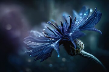 Obraz premium Stunning Deep Blue Flower with Dew Drops