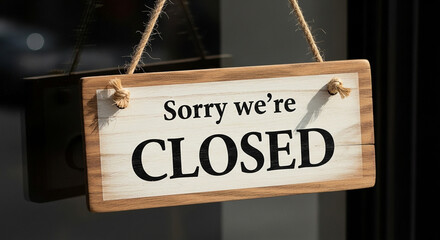 Sorry we're closed sign hanging on door of business shop store retail shopfront due to holiday shutdown