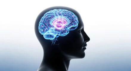 Obraz premium A profile view of a head with a visible glowing brain inside against a gradient white background