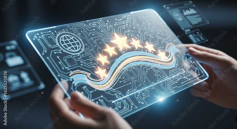 Poster five star rating on transparent digital tablet with futuristic technology interface display concept 