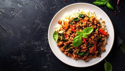 Savory dish of minced meat and vegetables served over rice, garnished with fresh basil and chili.