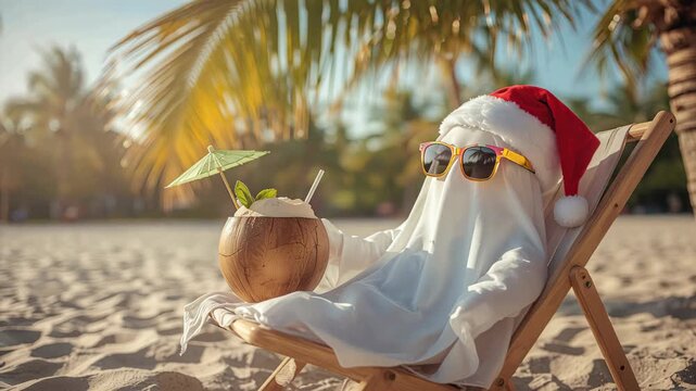 Halloween ghost character in festive Santa hat relaxing on beach chair, enjoying coconut drink with umbrella, surrounded by palm trees and sandy shore