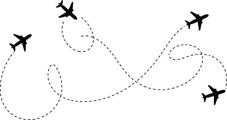 WebAirplane flight path silhouette vector, air travel icon set, commercial aircraft journey route, aviation illustration, isolated plane with dashed line, vector clipart design