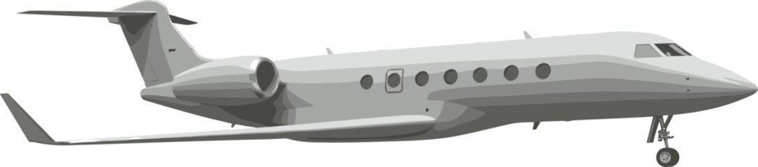 Private business jet airplane side view, luxury executive aircraft vector, modern corporate plane on white background, cad drawing flat vector illustration