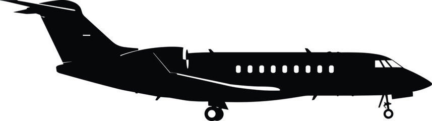 Private jet airplane silhouette, business aircraft side view, luxury travel plane, corporate jet aviation, air transport vehicle, flying airplane, cad drawing flat vector illustration