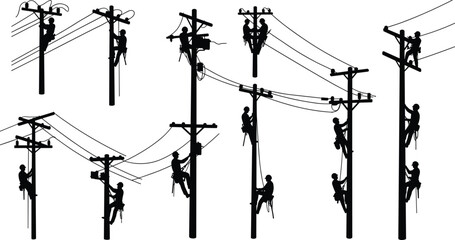Silhouette linemen climbing electric utility poles working on overhead power lines, electric maintenance workers on duty, black illustration, cad drawing flat vector illustration