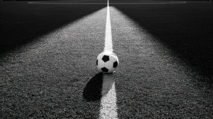 A black and white image featuring a soccer ball on a field with a painted white line
