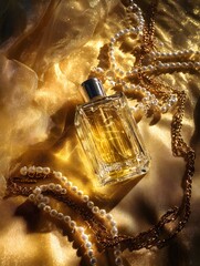 Luxury Perfume Bottle with Pearls & Gold Chains – Top-Down on Golden Silk, Opulent Branding Visual