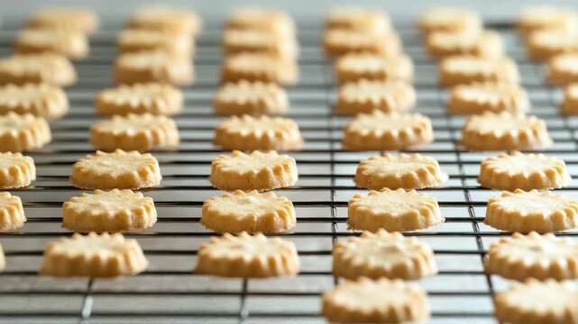 Rows of freshly baked cookies cooling on wire rack