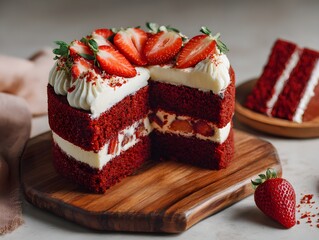 Red Velvet Cake on Wooden Base – Fresh Strawberries, White Table, Gourmet Dessert for Luxury Branding