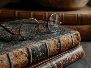 Vintage Reading Glasses on Antique Book – Classic Study Still Life with Warm, Nostalgic Ambience