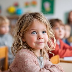 Fair-Skinned European Children in Modern Classroom – Focused, Warm Natural Light, Contemporary Learning Environment