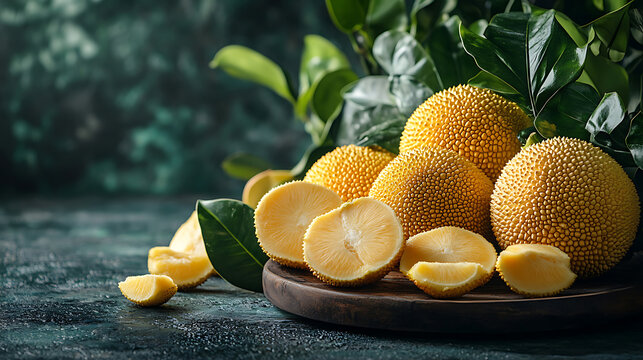 Ripe Yellow Cempedak Fruits on Rustic Wooden Board