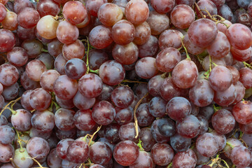 Closeup of vibrant red grape texture a sweet and juicy symphony of natures candy and natural deliciousness. Luscious red grapes overflowing a rustic basket a bountiful autumn harvest.