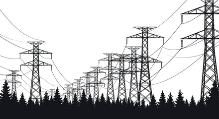 High voltage transmission tower vector, power lines over forest, electricity grid silhouette, industrial energy infrastructure, utility pole drawing, cad illustration, black and white concept
