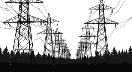 High voltage power lines, electrical transmission towers, energy distribution, electric grid infrastructure, utility poles, industrial energy network, forest landscape, black silhouette vector 