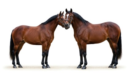 Obraz premium Equestrian bonding featuring two graceful chestnut horses against a pristine white backdrop