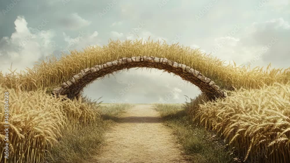 Poster stone arch bridge over path in wheat field with cloudy sky
