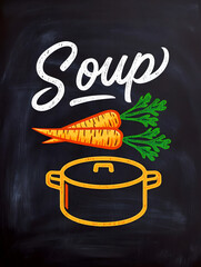 Chalkboard menu design for soup, with chalk lettering and illustrations of a pot and carrots. Restaurant or cafe concept for soup of the day.