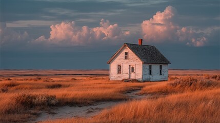 old schoolhouse in open field at twilight with wildflowers and warm light