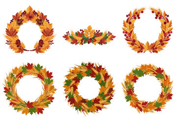 Collection of autumn wreaths made of colorful leaves and berries, transparent background, vector, isolated  
