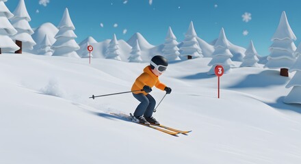 Happy cartoon child skiing down a snowy mountain slope with falling snowflakes and winter trees