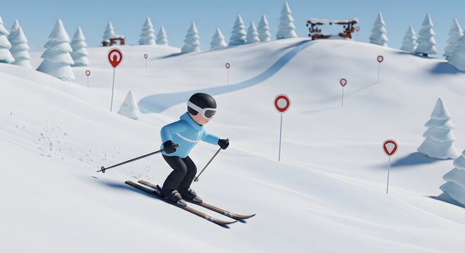 Animated Skier on Snowy Mountain Slope with Slalom Gates. Winter Sports Fun and Recreation Illustration