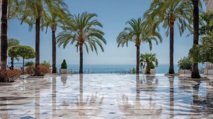 Reflective terrace showcases palm trees and sea. Bright sunlight, clear sky, and ocean view