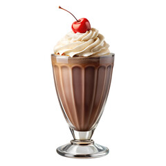 Chocolate milkshake with whipped cream and cherry on top, in vintage glass, isolated on transparent background, photorealistic, soft shadows