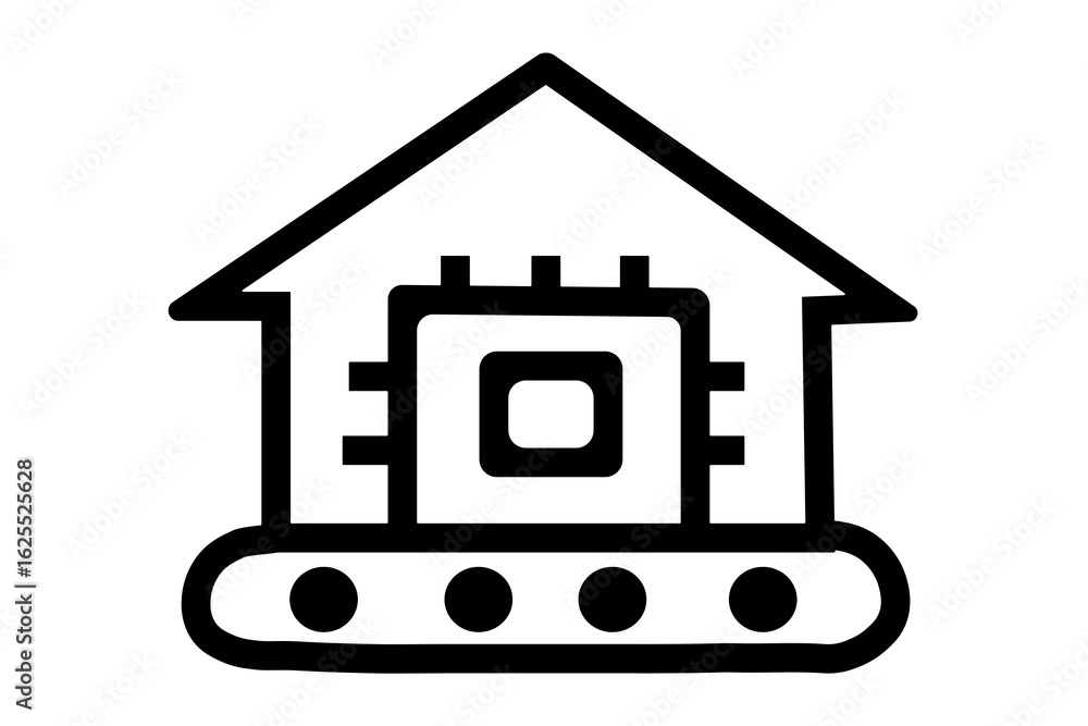 Poster the image is a simple, black and white line drawing. it depicts a house or factory building outline 