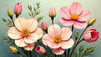Large pink flowers on light background, illustration