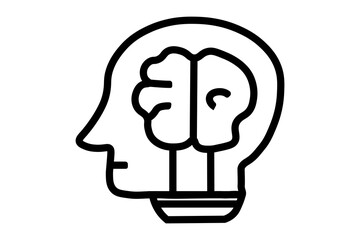 The image is a simple, black and white line drawing. It depicts a profile of a human head, which is merged with the shape of a lightbulb.