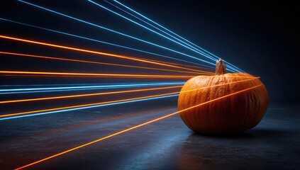 Orange pumpkin illuminated by vibrant light streaks