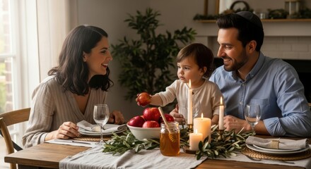 Family celebrates Rosh Hashanah at a festive table with apples and candles surrounded by love and joy