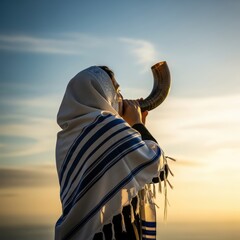 Person in tallit blows shofar at sunrise, celebrating Rosh Hashanah under a clear blue sky