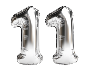 Silver Number 11 Foil Balloon on Transparent Background.