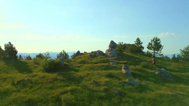 Runner in vibrant gear runs through a lush, mountainous trail, showcasing endurance. Verdant landscape with rocky outcrops and pine trees under a clear sky.