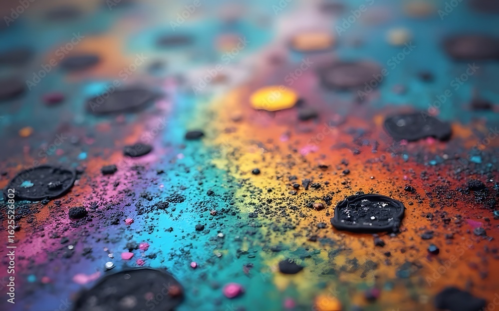Poster a vibrant, abstract display of scattered colorful powder pigment creates a speckled texture with dar