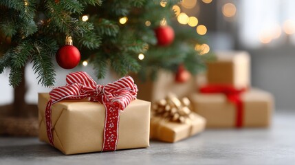 Wrapped Christmas presents with red ribbons under a decorated tree, festive holiday setting, indoors.
